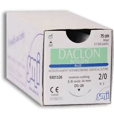 SMI Daclon Nylon 9/0 Suture, side cutting spatula 3/8 circle double-armed 6.2mm needle, 45cm length (Box of 12)