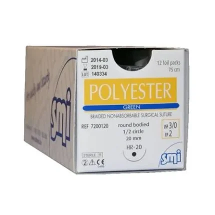 SMI Polyester 6/0 Suture, side cutting spatula 1/4 circle double-armed 8.0mm needle, 45cm length (Box of 12)