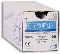 SMI Polypropylene 10/0 Suture, side cutting spatula 1/4 circle double-armed 15.3mm needle, 20cm length (Box of 12)