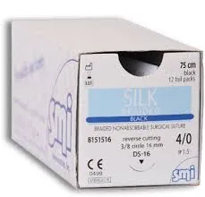 SMI Silk Virgin Blue 8/0 Suture, side cutting spatula 3/8 circle double-armed 6.5mm needle, 45cm length (Box of 12)