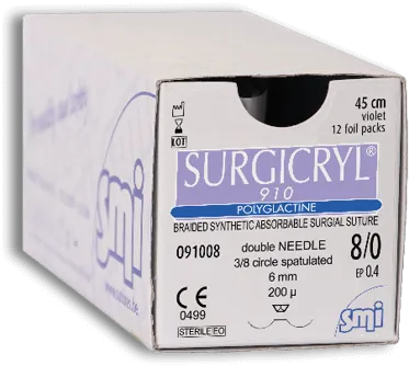 SMI Surgicryl 910 - 5/0 Suture, side cutting spatula 1/4 circle double-armed 8mm needle, 45cm length (Box of 12)