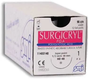 SMI Surgicryl PGA 7/0 Suture, side cutting spatula 3/8 double-armed 6.4mm needle, 45cm length (Box of 12)